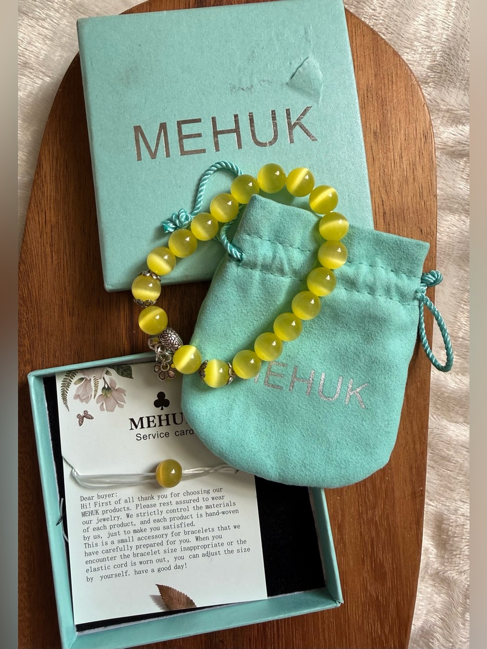 Mehuk Yellow Tiger Eye Beaded Stretch Bracelet with Box Charm